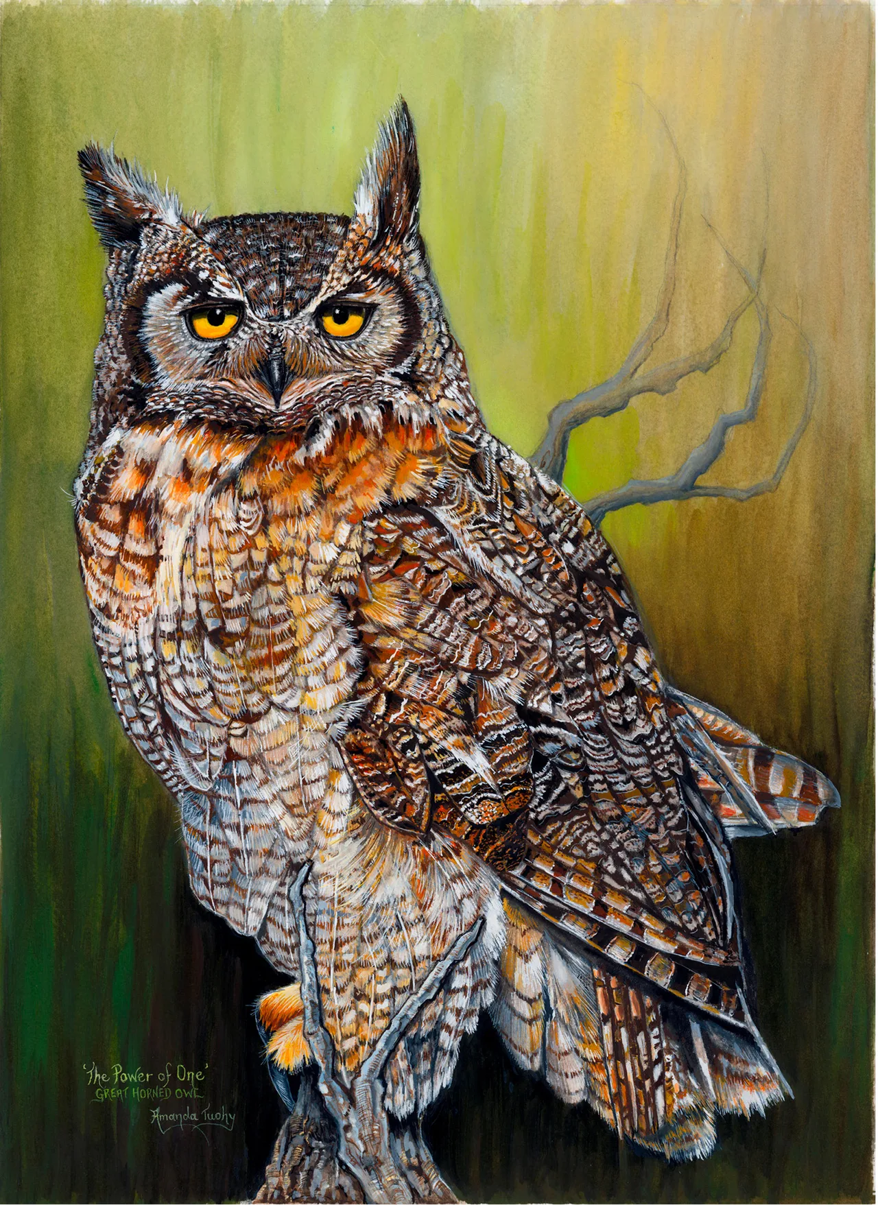 A great horned owl with orange-yellow eyes and tall ear tufts perches on a stump and looks straight out of the picture, against a soft olive green and gold background.