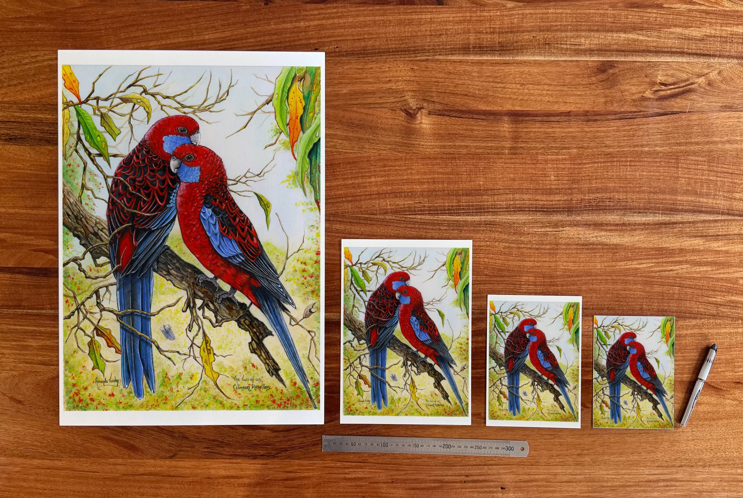 The Two of Us at each available size: A2 (420 × 594 mm), A4, A5 and 5 × 7 in (127 × 178 mm), beside a 30 cm ruler.