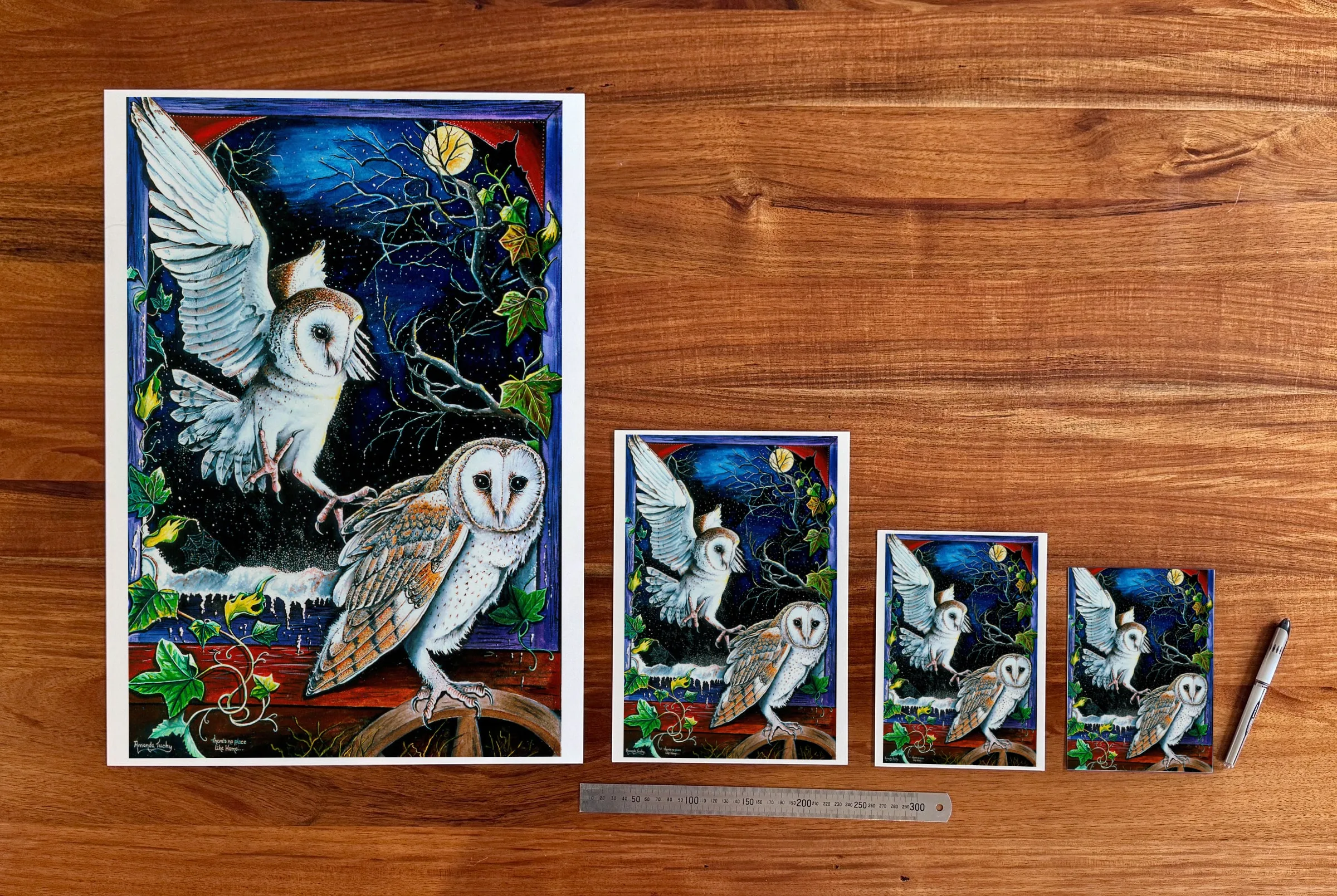 There's No Place Like Home at each available size: A2 (420 × 594 mm), A4, A5 and 5 × 7 in (127 × 178 mm), beside a 30 cm ruler.