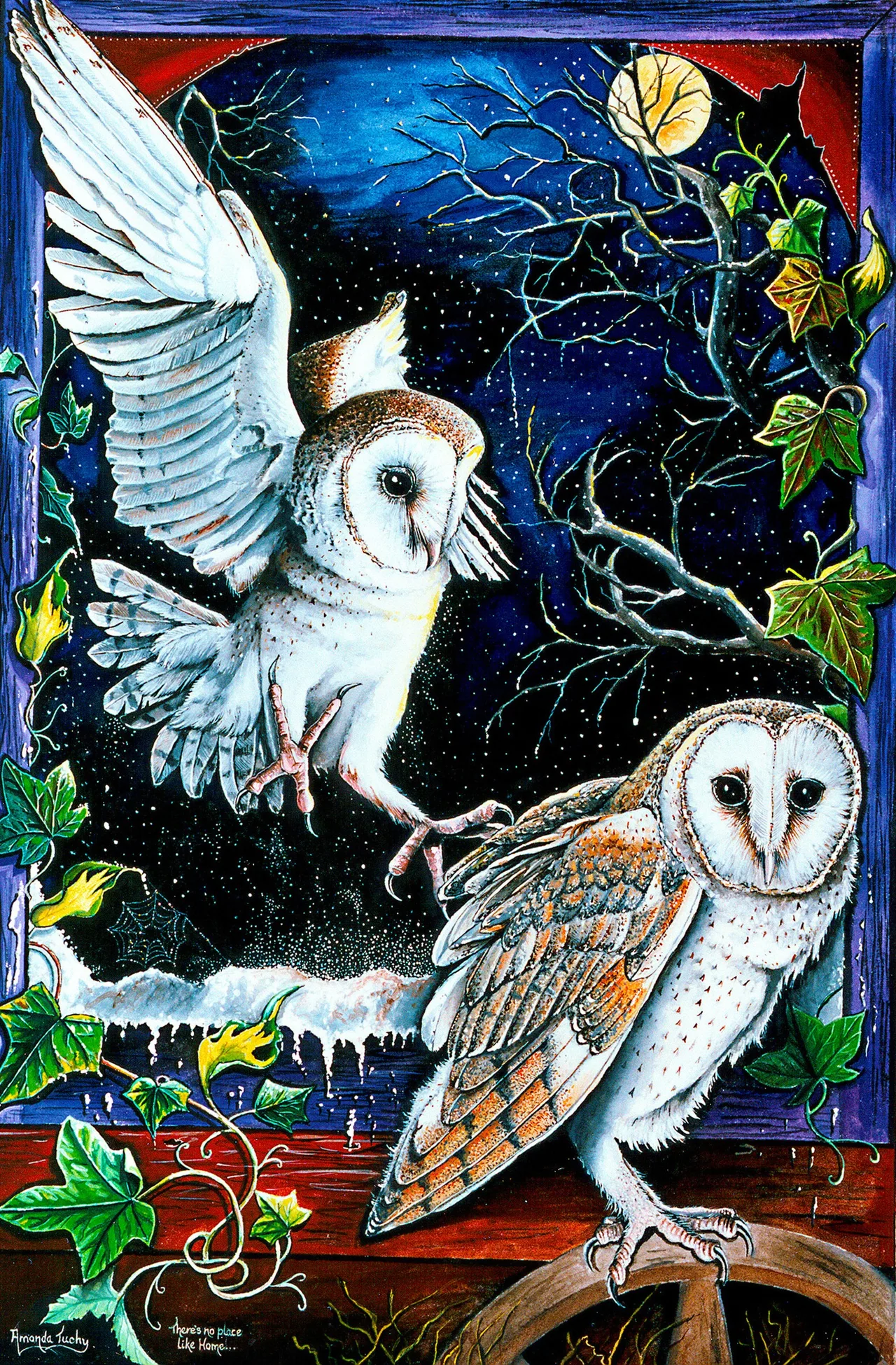 Two barn owls at a window at night, one landing with its white wings raised and one standing on the sill, framed by ivy, with a full moon, bare branches and a starry blue sky behind.