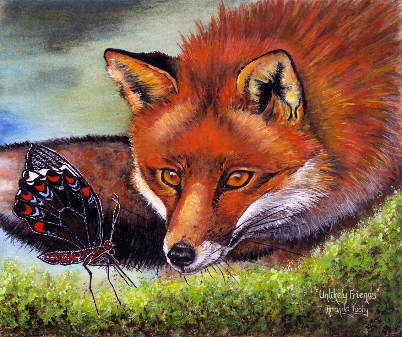 A red fox with amber eyes lies with its chin on a mossy bank, watching a black butterfly with red and blue markings in front of it, under a blue-grey sky.