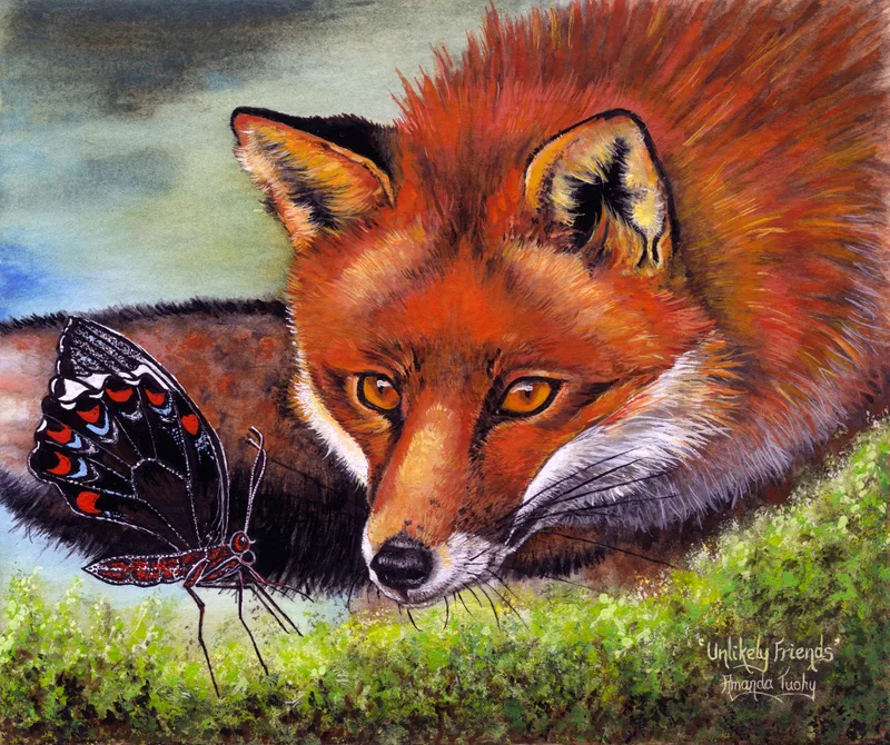 A red fox with amber eyes lies with its chin on a mossy bank, watching a black butterfly with red and blue markings in front of it, under a blue-grey sky.