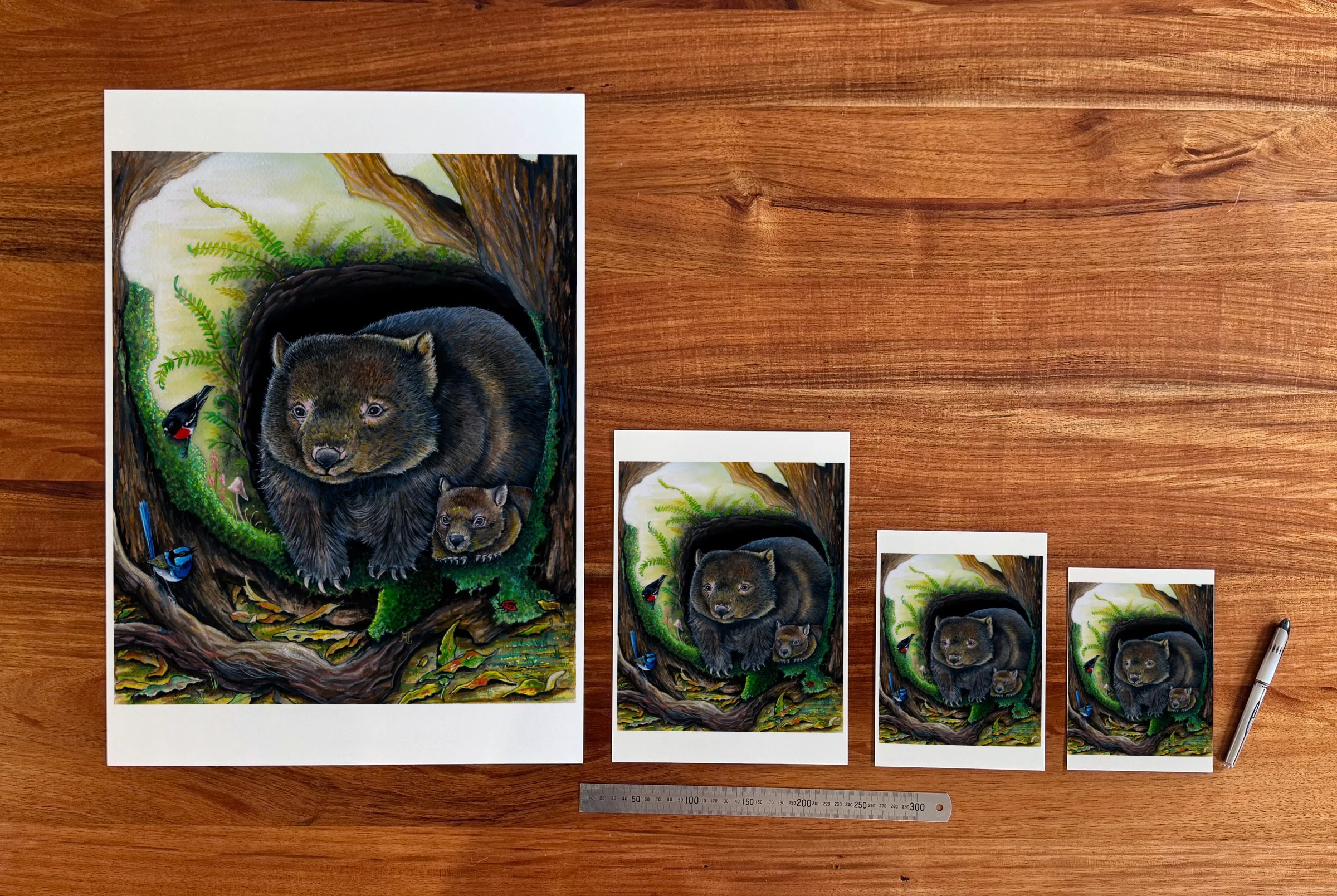 Wombat and Baby at each available size: A2 (420 × 594 mm), A4, A5 and 5 × 7 in (127 × 178 mm), beside a 30 cm ruler. The 5 × 7 in print shows the whole painting, with white strips of about 13 mm top and bottom.