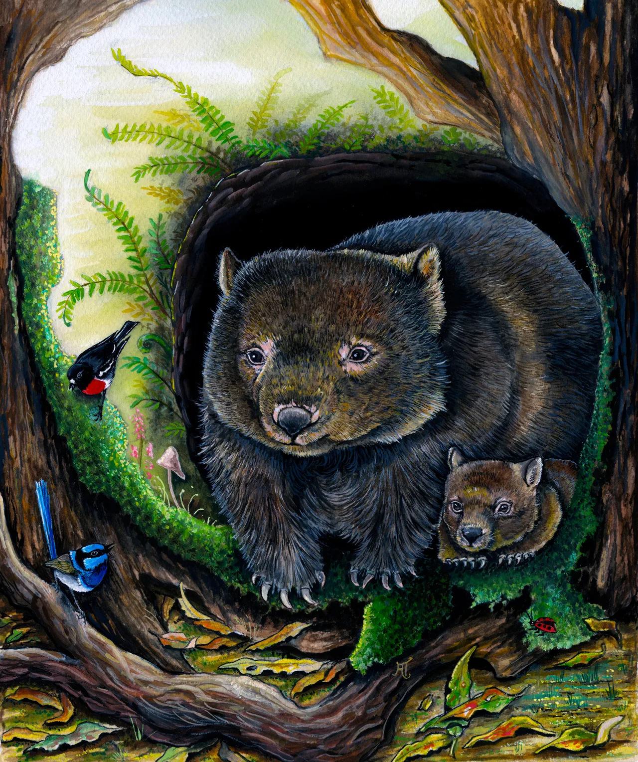 A wombat and her young look out from a mossy burrow at the base of a tree, among ferns and fallen leaves, with a red-breasted robin and a blue fairy-wren perched nearby.