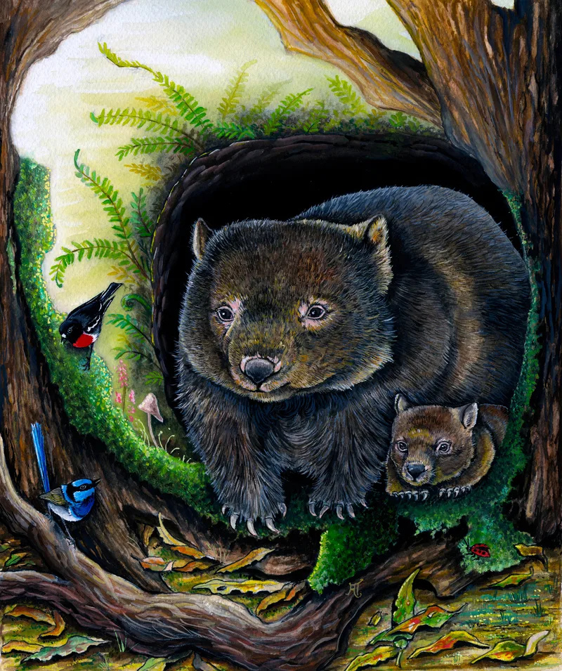 A wombat and her young look out from a mossy burrow at the base of a tree, among ferns and fallen leaves, with a red-breasted robin and a blue fairy-wren perched nearby.