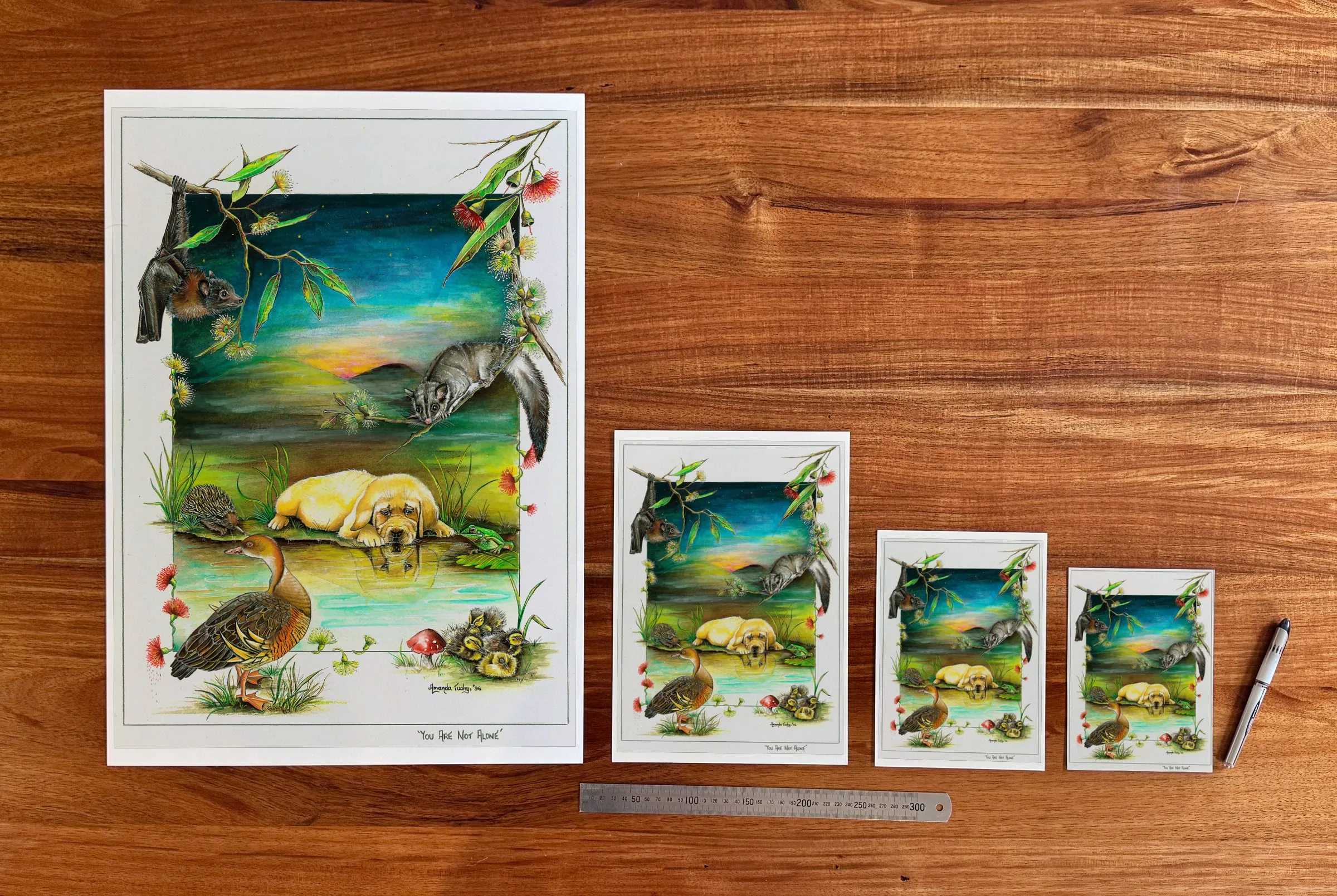 You Are Not Alone at each available size: A2 (420 × 594 mm), A4, A5 and 5 × 7 in (127 × 178 mm), beside a 30 cm ruler.